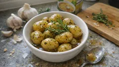 Σκορδάτες baby πατάτες με βότανα στο τηγάνι: μελώνουν σε ζωμό και μένουν με λίγο ζουμάκι